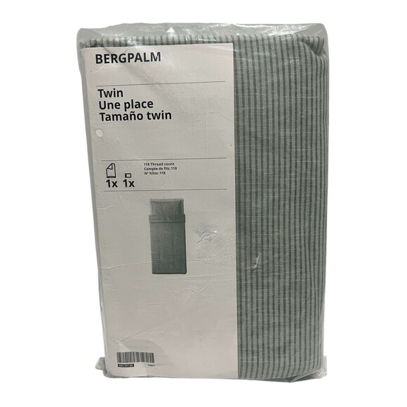 Ikea BERGPALM Twin Duvet and Sham Set Green Pinstripes Cotton 604.231.86 - NEW - Picture 1 of 5